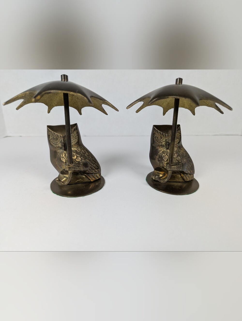 Vintage Brass Owl Figurines Holding Umbrellas Pair Made in Korea MCM